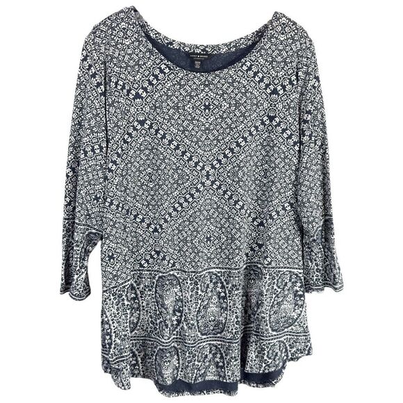 Lucky Brand Plus Size 2X Top Navy Blue White Knit Floral Diamond Scoop Neck 795‎ - Picture 1 of 9